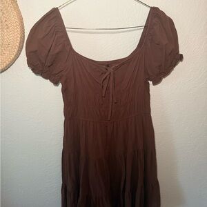 SHEIN Brown Tie Front Puff Sleeve Midi Dress